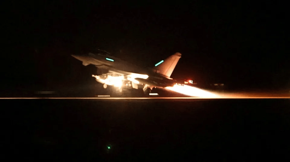 A RAF Typhoon aircraft takes off to conduct air strikes against military targets in Yemen