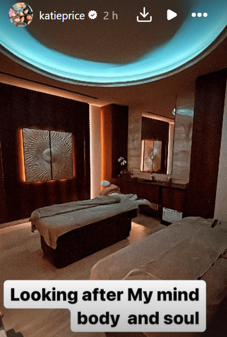 The star shared a picture from a spa amid a series of prerecorded adverts