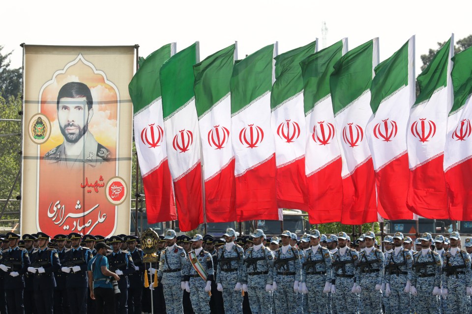 Iranian soldiers line up under flags to mark the country's annual army day