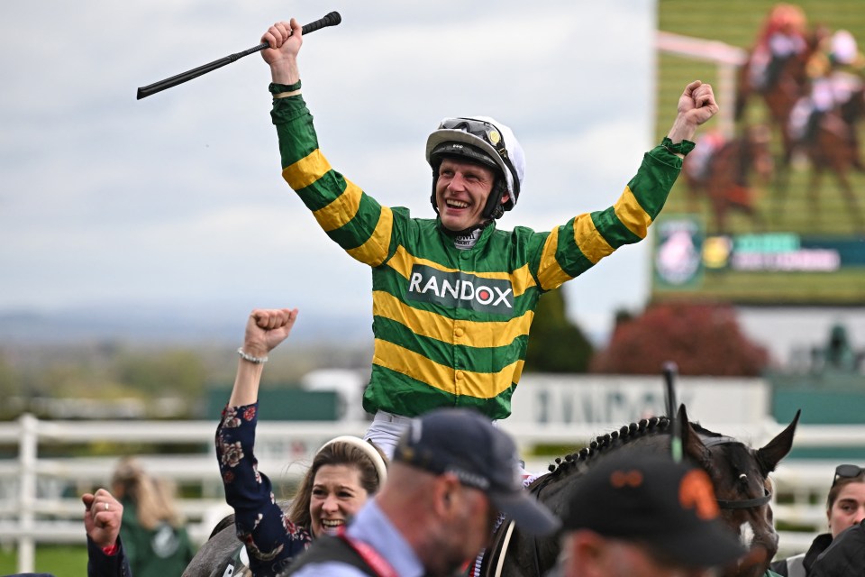 Jockey Paul Townend celebrates riding I Am Maximus to Grand National victory