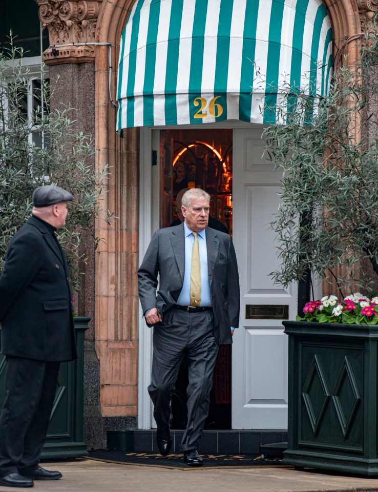 Prince Andrew is spotted on a rare outing last month at Harry’s Bar, shortly before his friend Johan Eliasch emerged