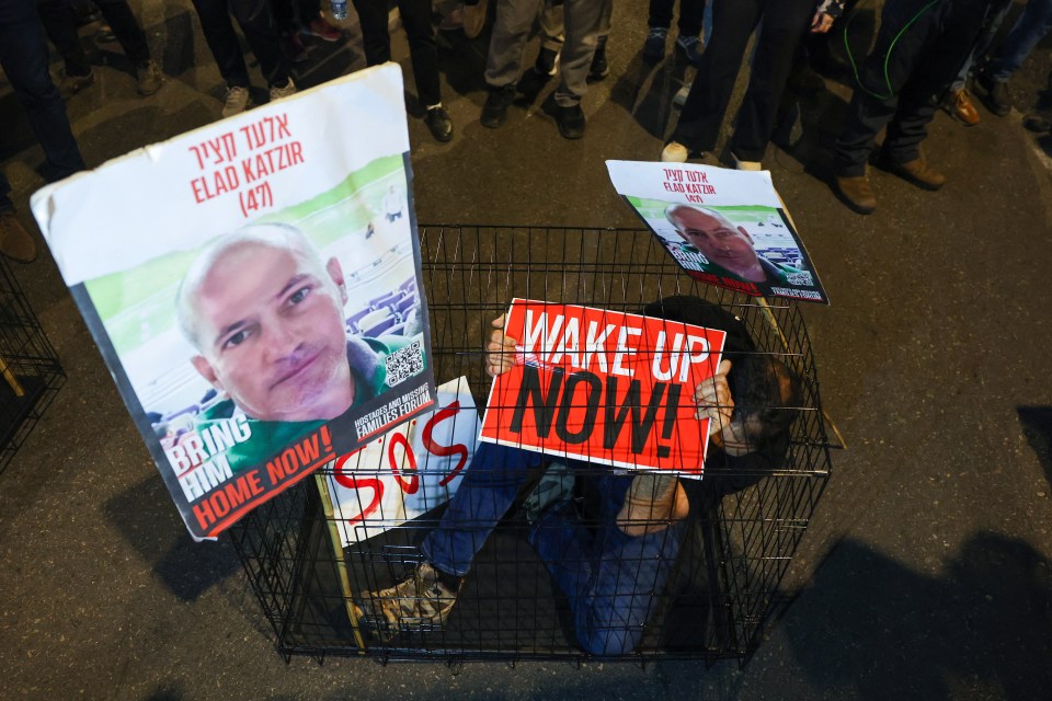 Portraits of Elad Katzir during demonstrations by the family of Israeli hostages