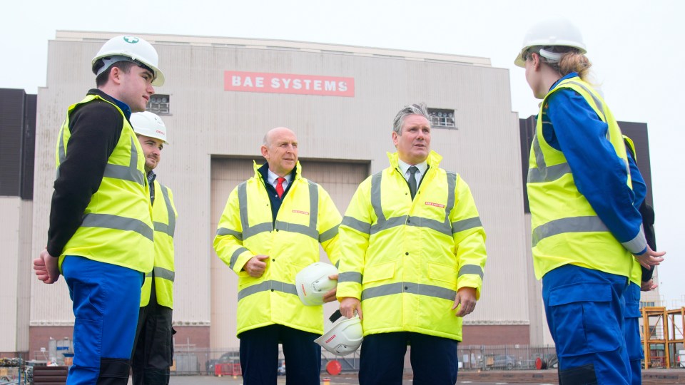 Labour leader Keir Starmer with shadow defence secretary John Healey meeting workers during a campaign visit to BAE Systems in Barrow-in-Furness, Cumbria