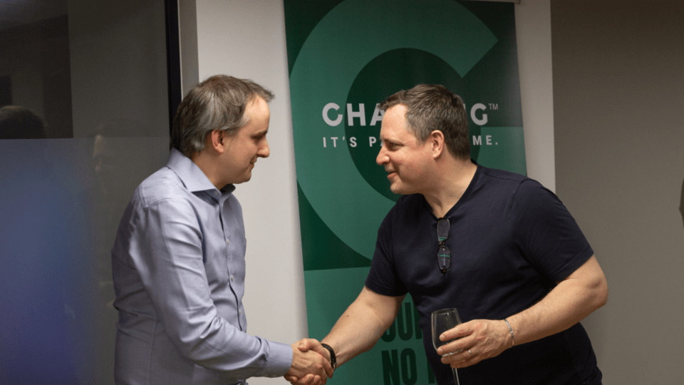 ChaChing co-founder Alastair Lukies (right) meets partners ahead of the platform’s launch