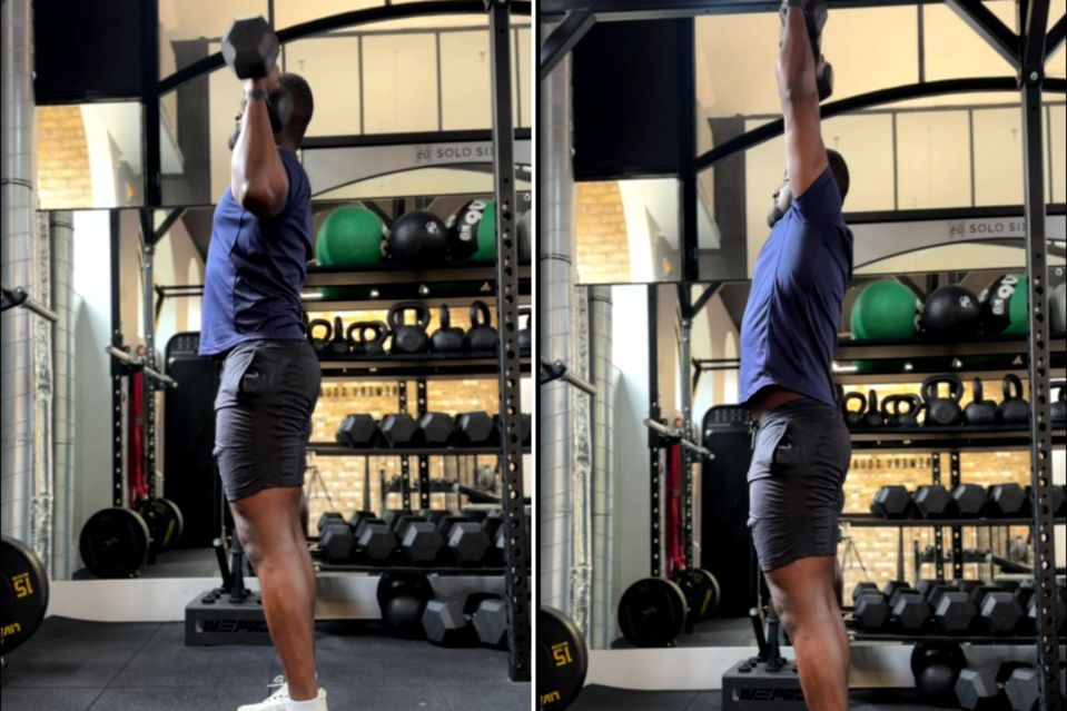 Hold your dumbbells above your shoulders and press them into the air