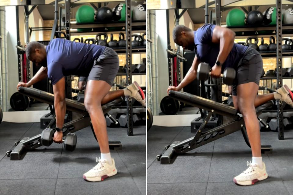 Brace your arm and knee against a bench and pull your dumbbell to your chest