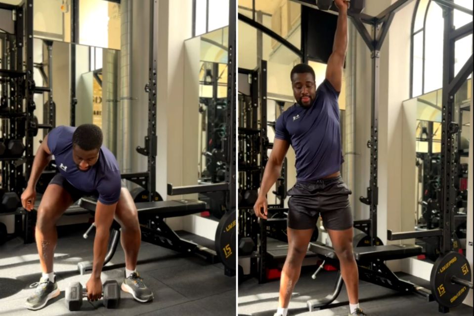 Squat down to pick up the dumbbell with one arm, then straighten your body and legs and lift the dumbbell up till the arm is extended