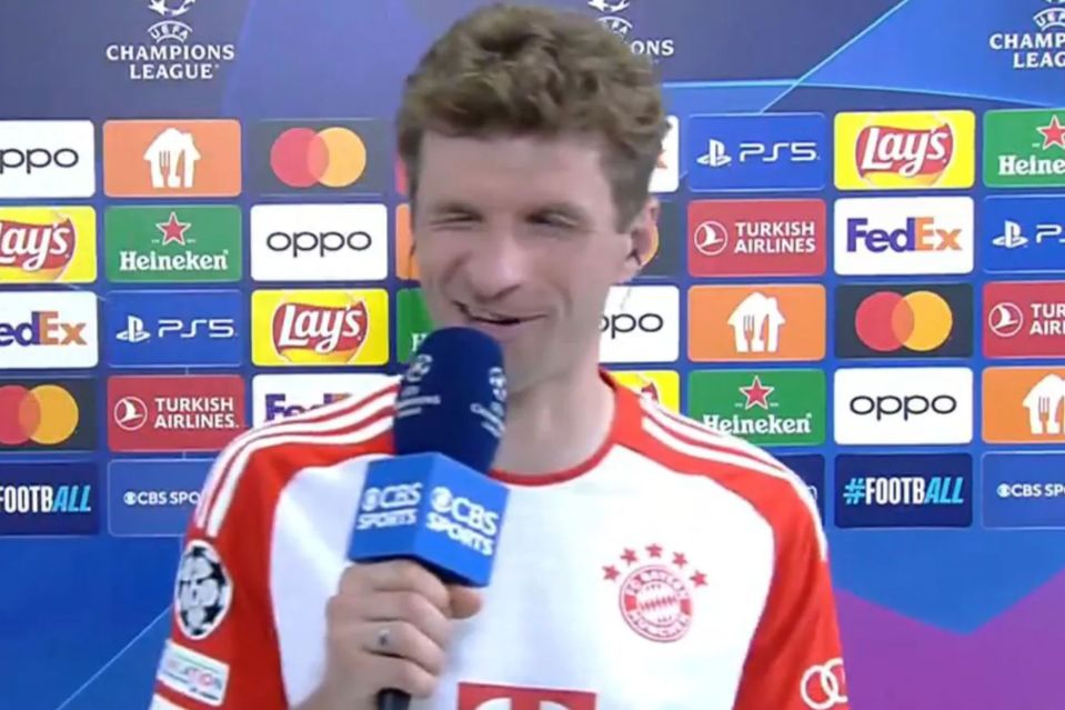 Thomas Muller cheekily winked at Aurelien Tchouameni during his interview