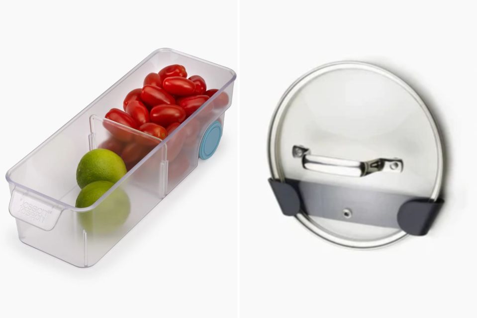 Left the Compact Clear Storage Bin and right the Pan Lid Holder