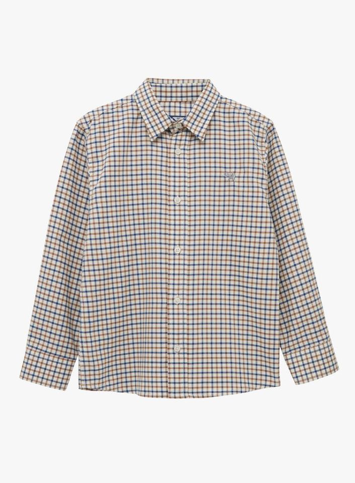 The shirt in the photo appears to be Trotters' Camel Check Oliver Shirt, which currently costs £25