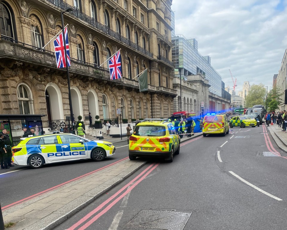 Emergency services at the scene outside the Clermont Hotel in central London