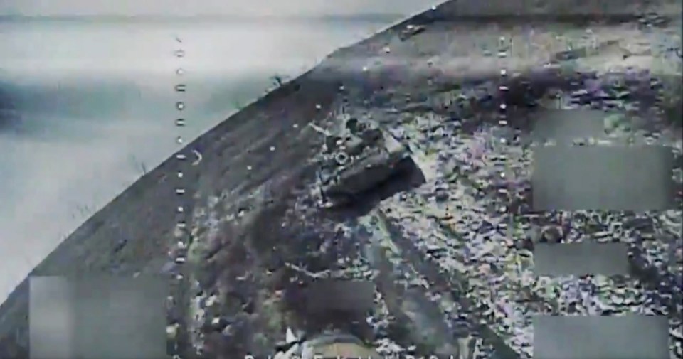 An FPV - guided by the 'Spartan Brigade' - heading straight for another T-72 Russian tank worth before exploding on impact