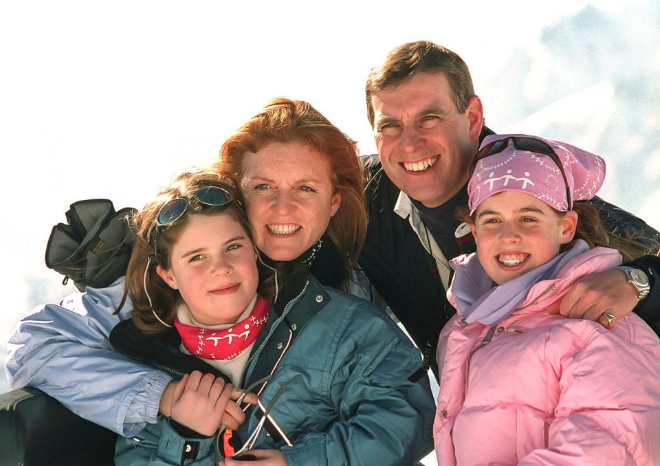 Prince Andrew, Duke of York, Sarah, Duchess of York, Princess Beatrice and Princess Eugenie, on a skiing holiday in Verbier, Switzerland, in 2001