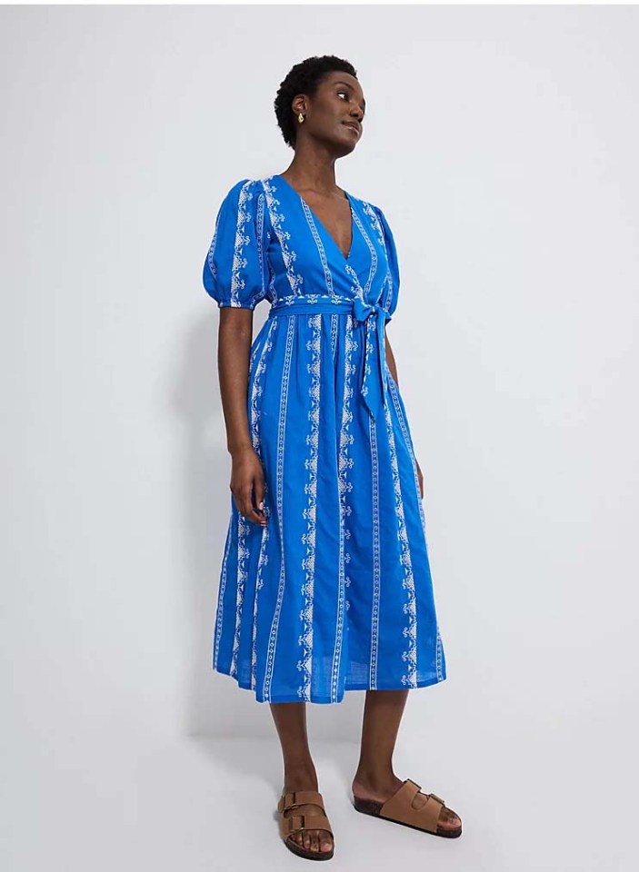 The blue embroidered wrap midi-dress from Asda is down from £28 to £22.40