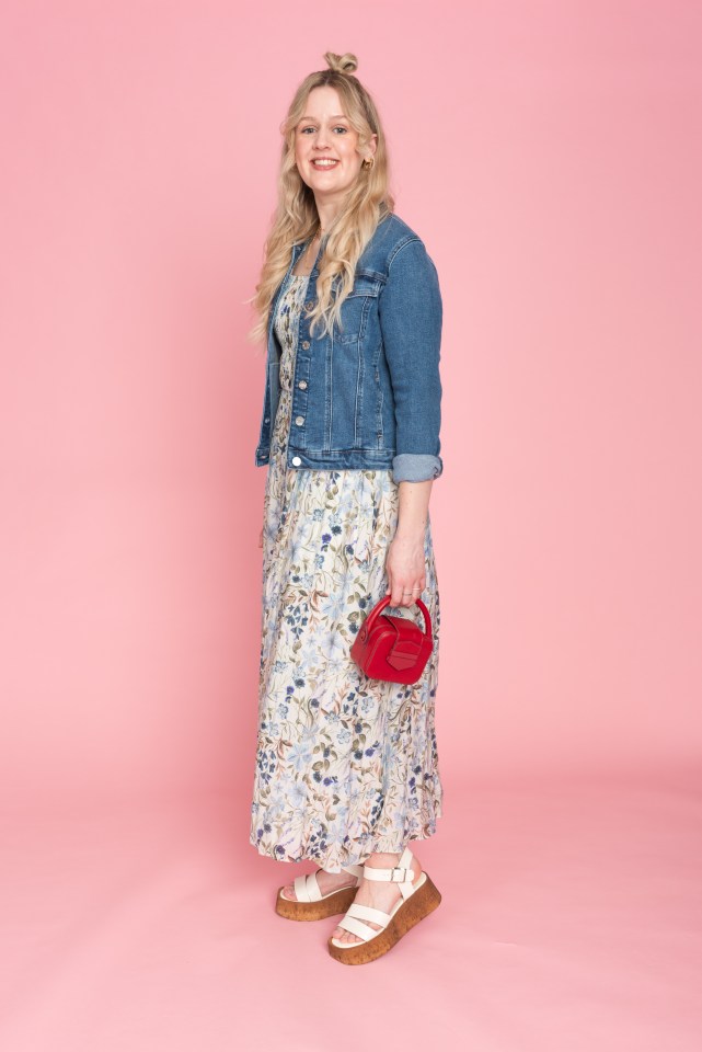 Puff sleeve midi dress, £25, Primark; denim jacket, £34, and wedges, £45, both Next; bag, Kirsten’s own