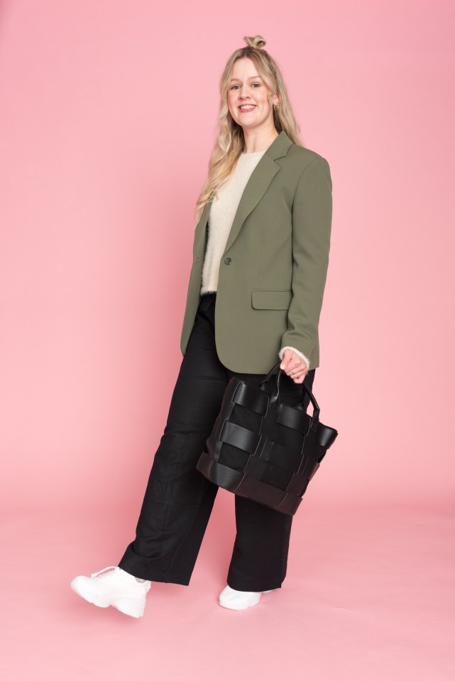 Oversized blazer, £47.99, New Look; cargo trousers, was £31, now £21.70, and trainers, £26, both Pretty Little Thing; jumper, £25.99, Miss Selfridge at Asos; bag, £19, Next