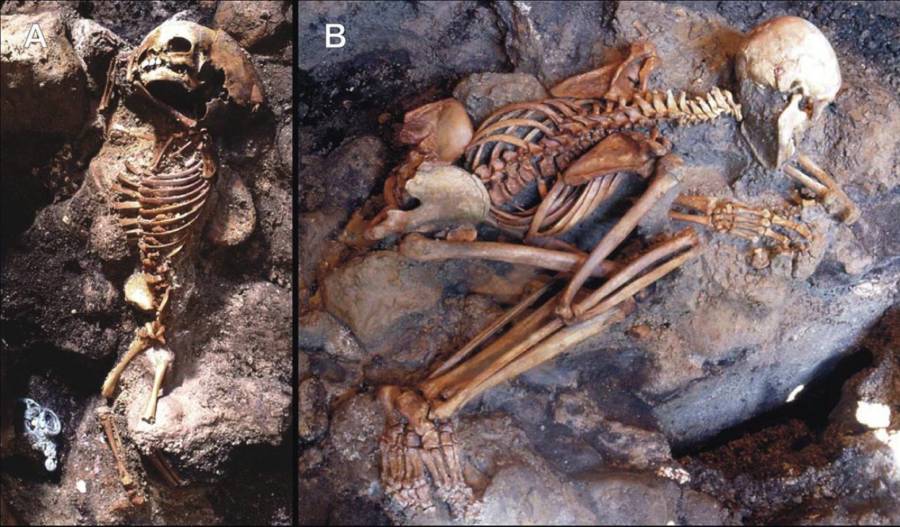 A child,  left, and a young adult male, were discovered in chambers in Herculaneum