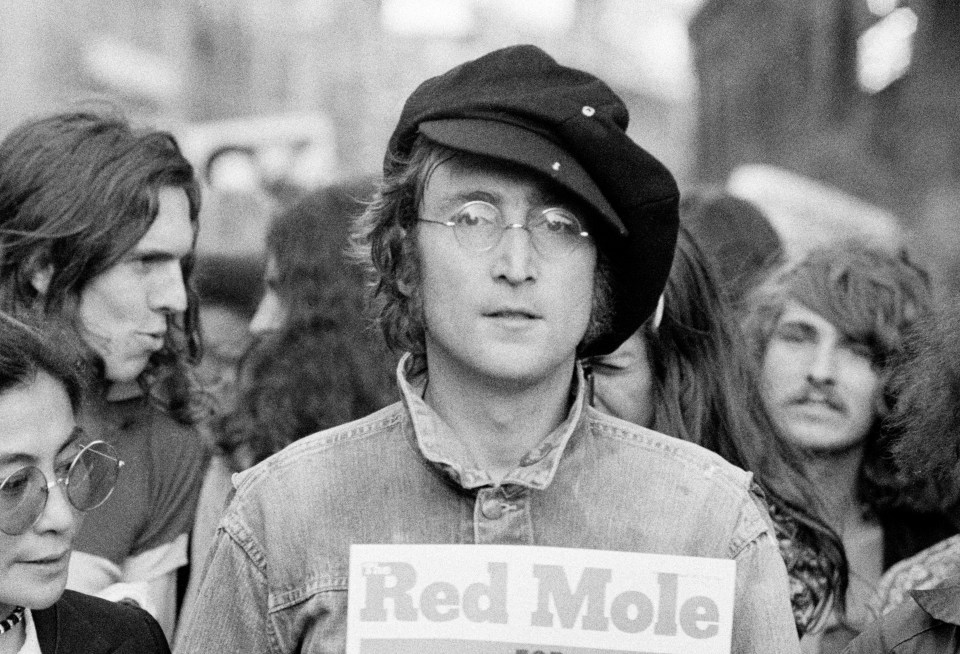 John Lennon attends a rally in Hyde Park, London, England in 1975