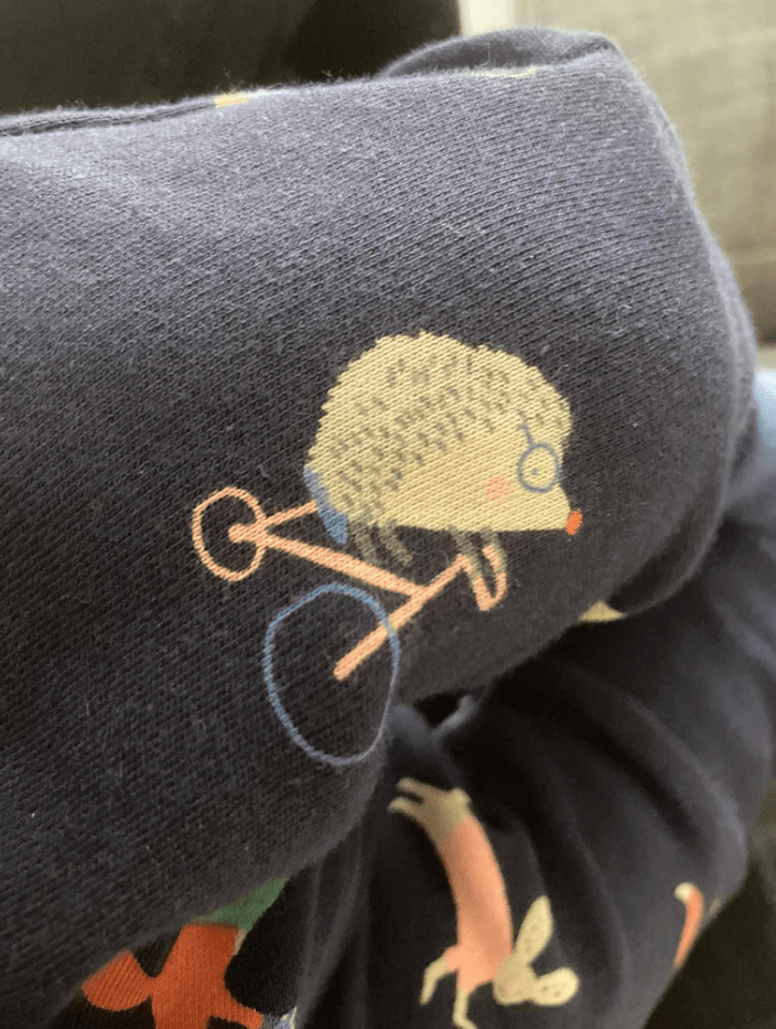 The matching leggings feature hedgehogs riding bikes