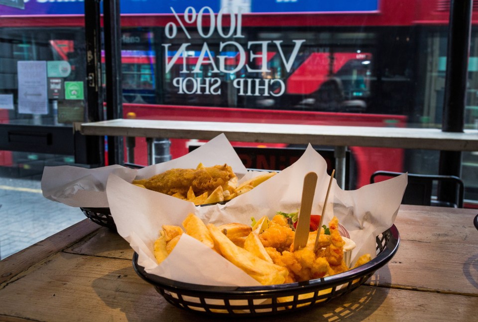 Plates of vegan ‘scampi’ and ‘fish’ and chips