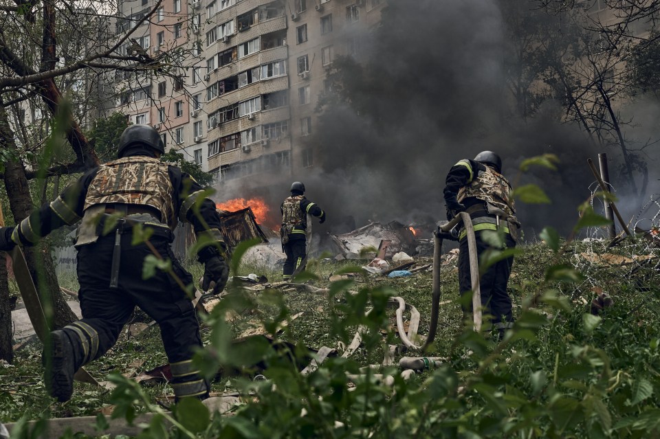 A fire erupted following a Russian air strike near Kharkiv