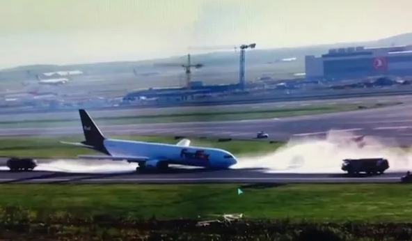 A similar scary ordeal saw a Boeing jet nosediving onto a runway as smoke and sparks flew upon impact last month