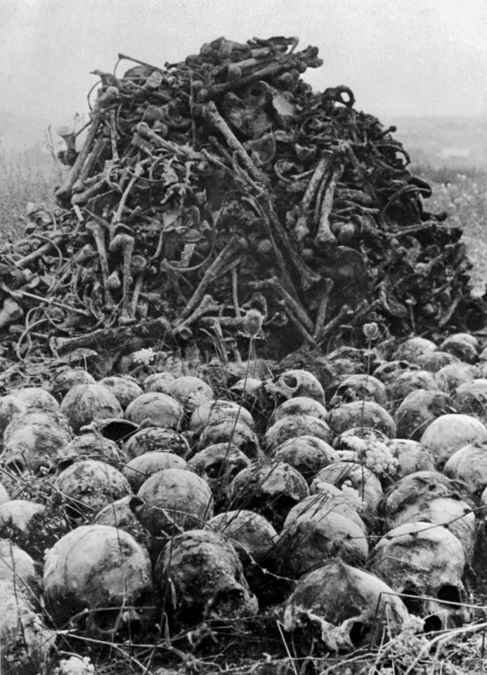 A pile of human bones and skulls is seen in 1944 at the Nazi concentration camp of Majdanek in the outskirts of Lublin, the second largest death camp in Poland after Auschwitz