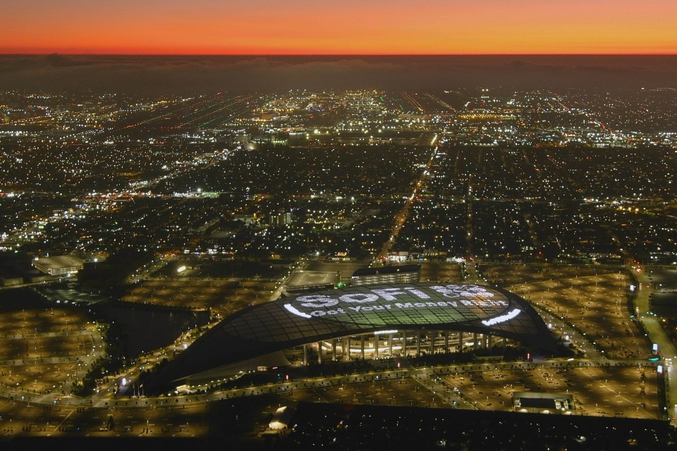 The beautiful SoFi Stadium at night