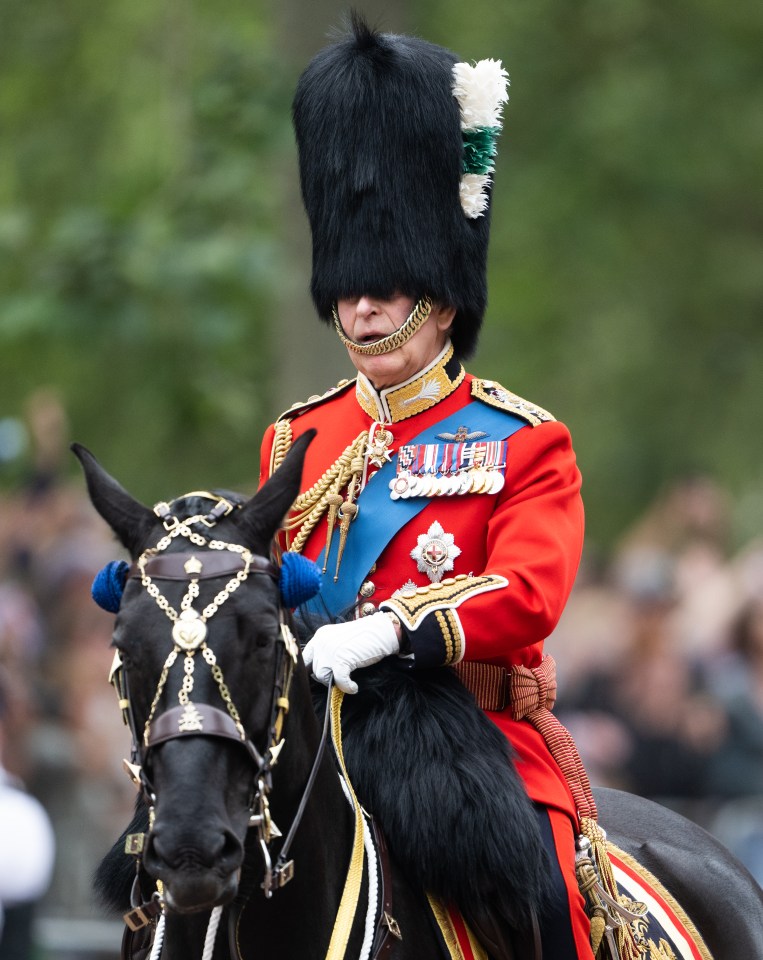 King Charles on horseback during Trooping the Colour last year