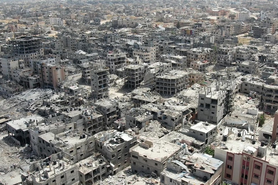 An aerial view of destroyed buildings in Khan Yunis in the southern Gaza Strip