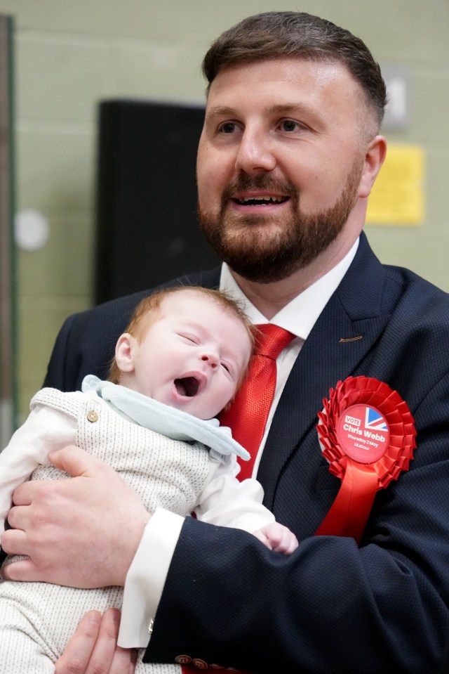 Labour candidate Chris Webb holds his son Cillian Douglas Webb as he regains Blackpool South in the local elections