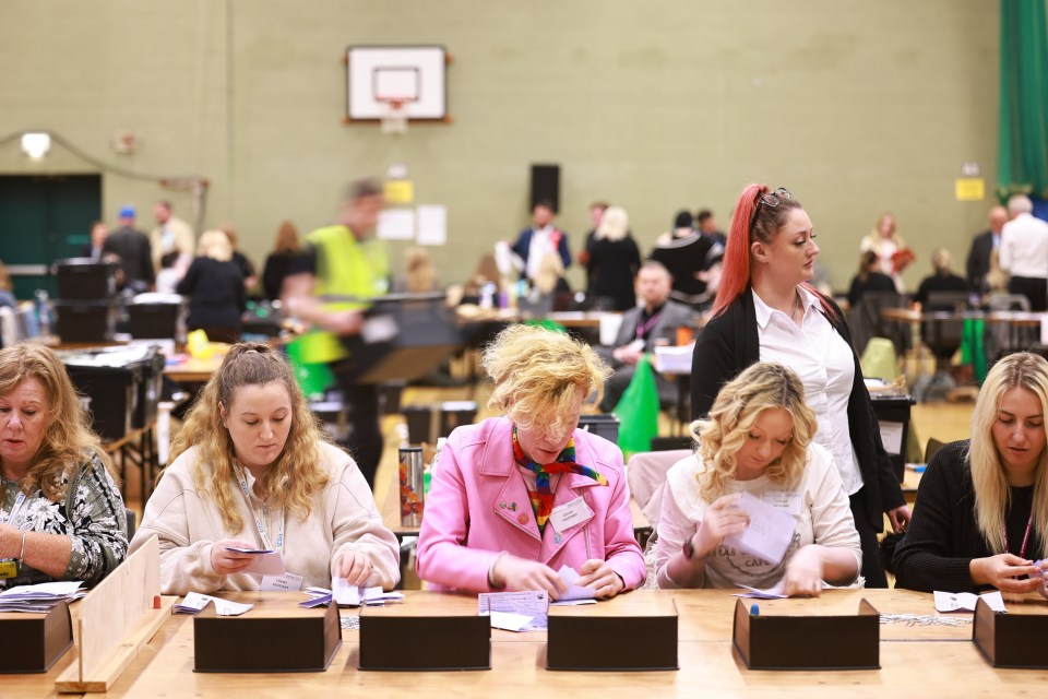 Counting agents at work at Blackpool Leisure Centre for the parliamentary by-election