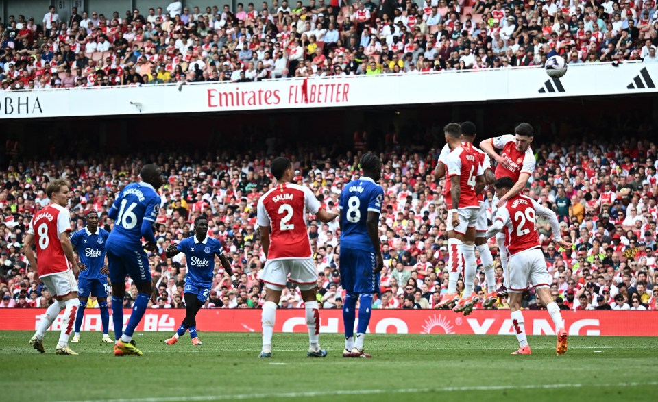 Idrissa Gueye’s free-kick went in off Declan Rice