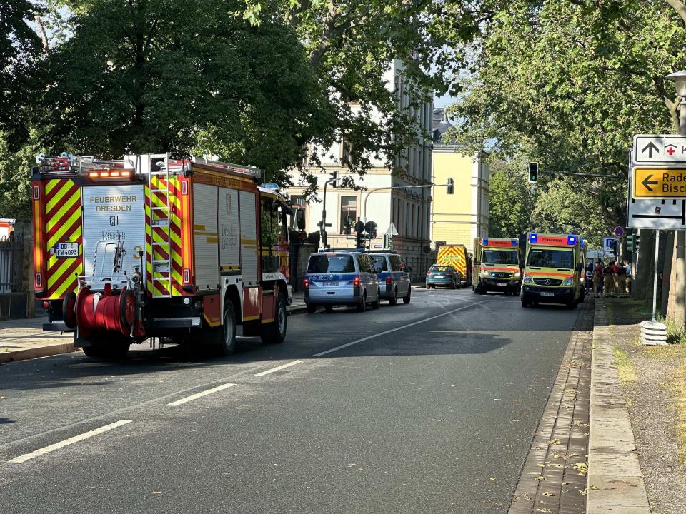 A large contingent of emergency services are deployed near the Elbe in Dresden