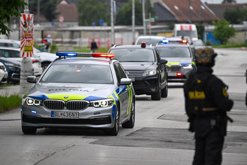 A police convoy believed to carrying suspect Juraj Cintula into court this morning over the shooting of Slovakian PM Robert Fico