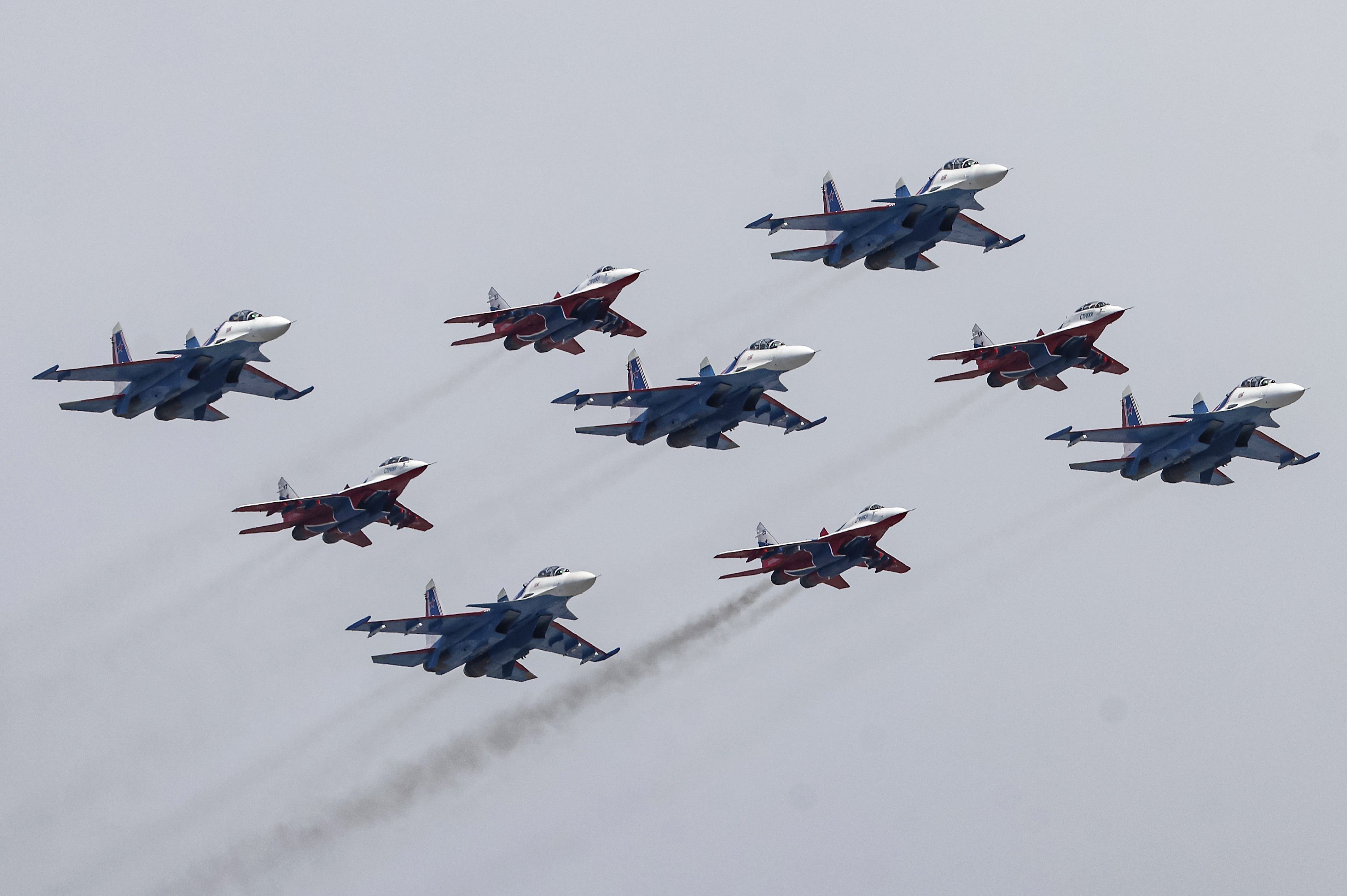 Russian military jets fly over the Red Square