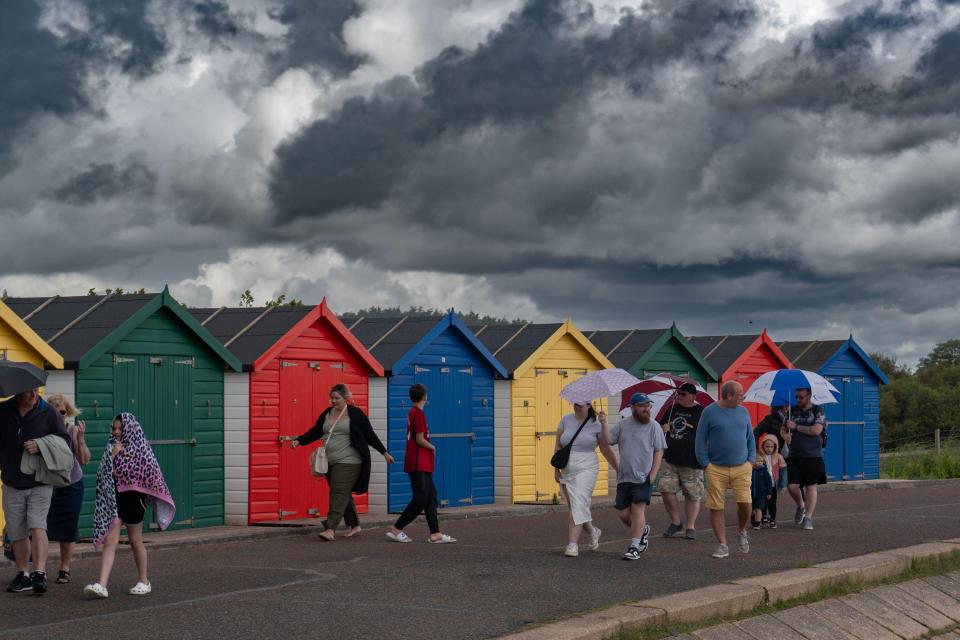 Dark clouds and rain over Dawlish Warren in Devon