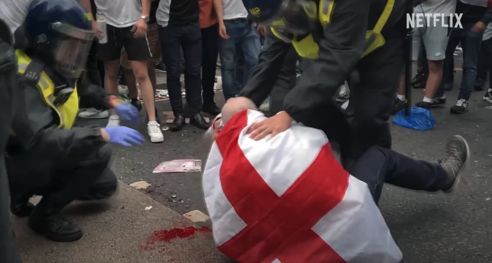 Makeshift medic stations had to be erected to treat spectators with glass injuries from thrown bottles