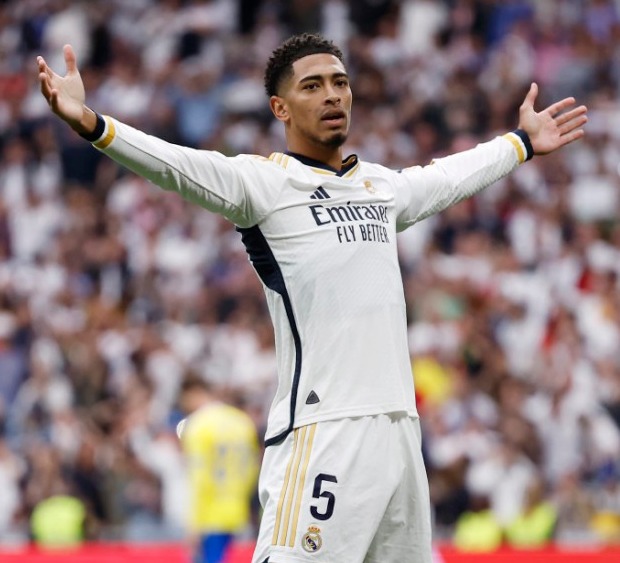 MADRID, SPAIN - MAY 04: Jude Bellingham player of Real Madrid celebrates after scoring a goal during the LaLiga EA Sports match between Real Madrid CF and Cadiz CF at Santiago Bernabéu Stadium on May 04, 2024 in Madrid, Spain. (Photo by Jesus Troyano/Real Madrid/Real Madrid via Getty Images)