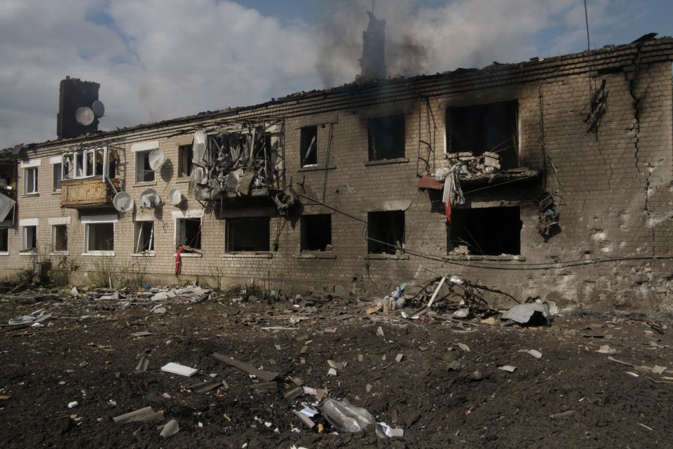 A residential building damaged and charred from the recent shelling amid Russia's invasion