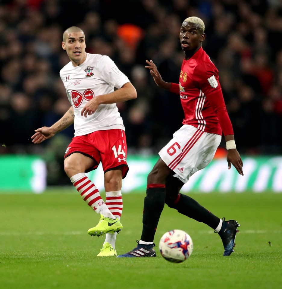 Southampton's Oriol Romeu (left) and Manchester United's Paul Pogba battle for the ball during the EFL Cup Final at Wembley Stadium, London. PRESS ASSOCIATION Photo. Picture date: Sunday February 26, 2017. See PA story SOCCER Final. Photo credit should read: Nick Potts/PA Wire. RESTRICTIONS: EDITORIAL USE ONLY No use with unauthorised audio, video, data, fixture lists, club/league logos or "live" services. Online in-match use limited to 75 images, no video emulation. No use in betting, games or single club/league/player publications.