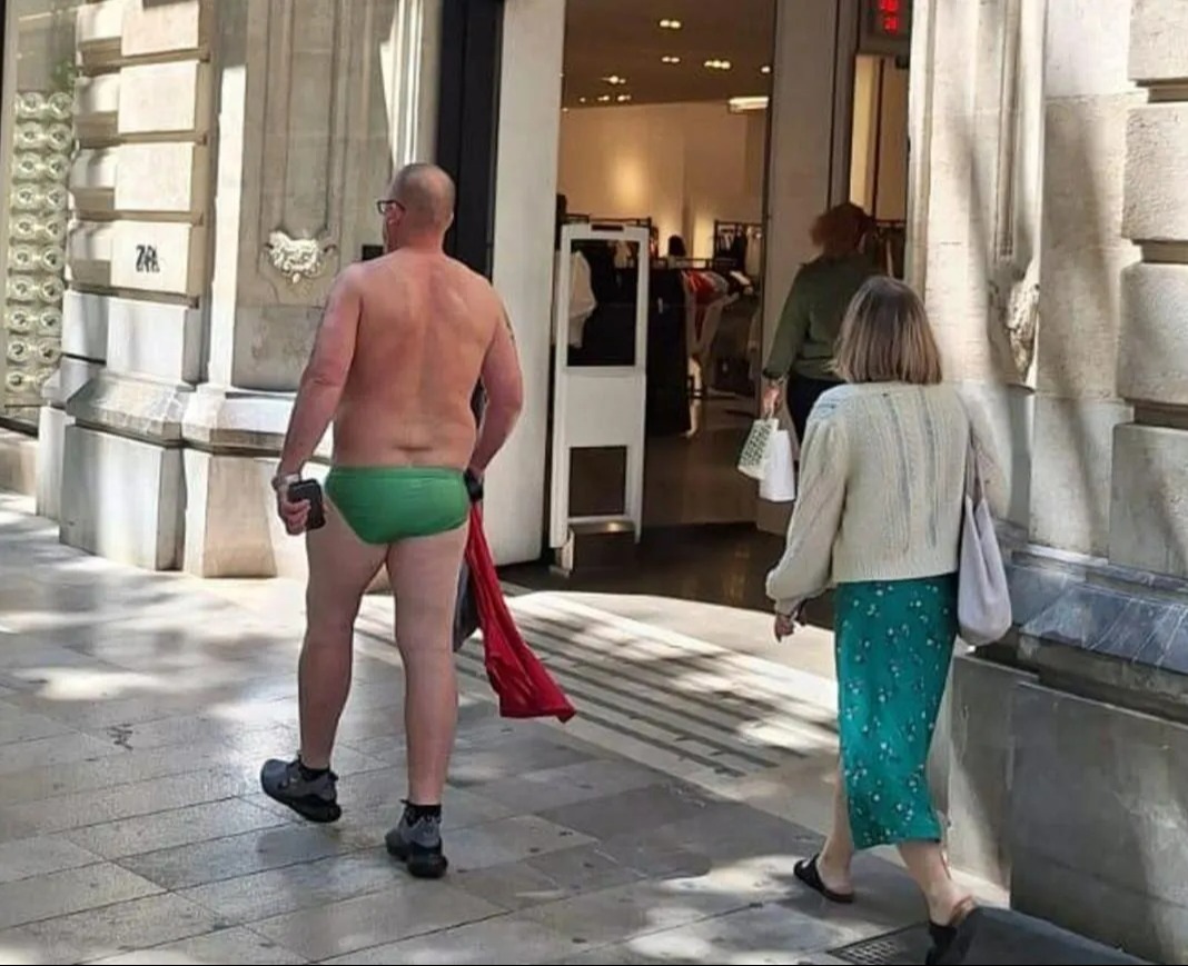 This man was seen walking in Majorca wearing only a pair of swimming trunks