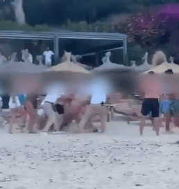 Staff were seen struggling with the allegedly drunk tourists on the beach