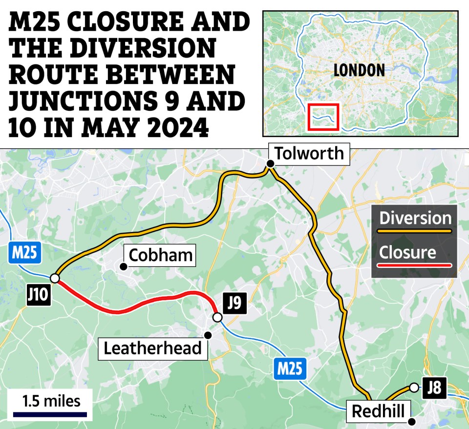 A map showing the M25 closure and the diversion route between junctions 9 and 10 in May 2024