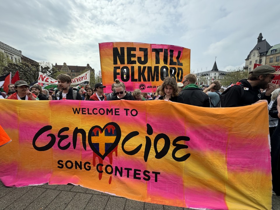 MALMO, SWEDEN - MAY 09: Hundreds take to the streets to protest against Israel's Eurovision Song Contest participation in Malmo, Sweden on May 09, 2024. Protesters gathered at Stor Torget (Grand Square) carrying banners. (Photo by Mohamed El-Shemy/Anadolu via Getty Images)