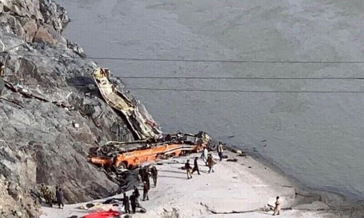 The bus was seen upside down at the bottom of the rocky ravine