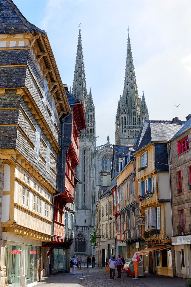 The picturesque city of Quimper, with its twin-spired cathedral and pretty half-timbered houses