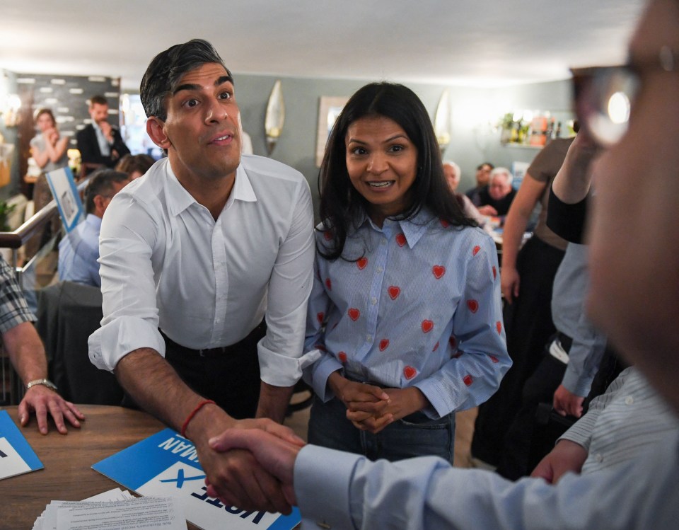 Rishi Sunak and wife Akshata Murty greet constituents in Harrow, North West London