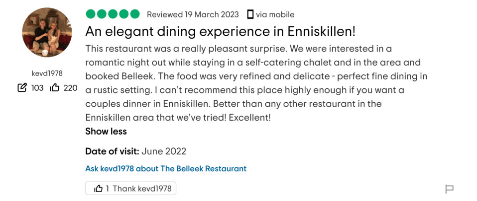 Reviews for the restaurant are usually five star