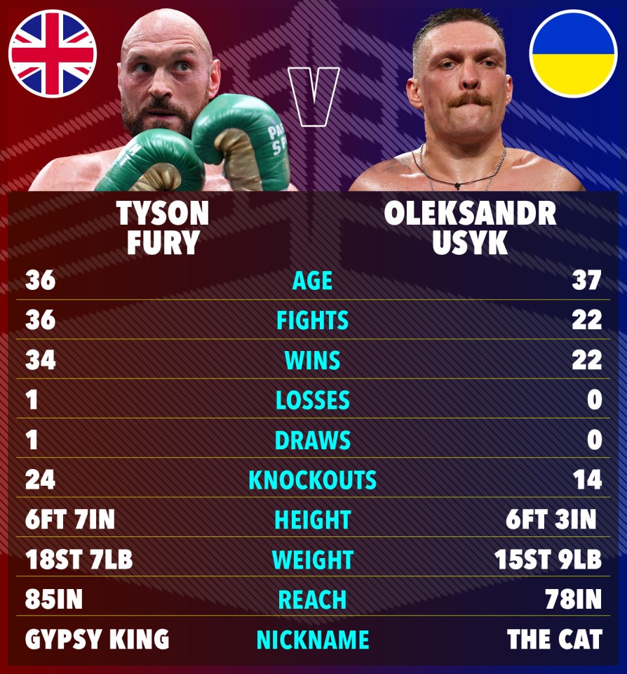 Tyson Fury vs. Oleksandr Usyk boxing match statistics comparison.